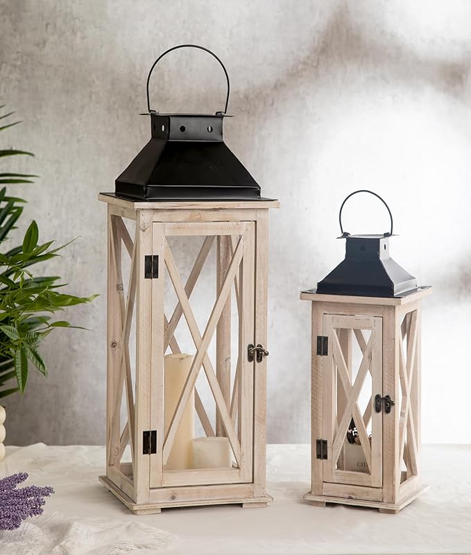 TIMRIS Large Wooden Candle Lanterns Decorative Set of 2, Rustic Farmhouse Whitewash Floor Lanterns, Indoor/Outdoor Hanging Lanterns for Home Decor (No Glass)-Ruum Studio Home