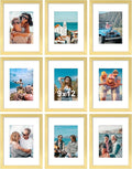 Vittanly 9x12 Picture Frames Set of 9, Shatter Resistant Plexiglass, Display 6x8 Pictures with Mat or 9x12 without Mat, Photo Frames for Wall or Tabletop, Engineered Wood, Gold-Ruum Studio Home