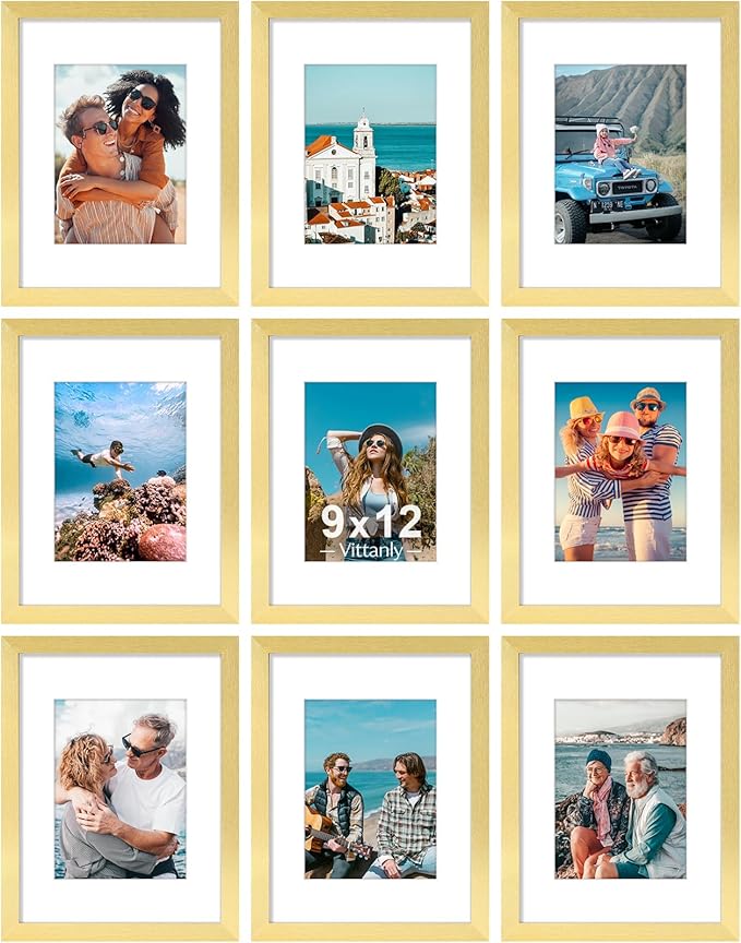 Vittanly 9x12 Picture Frames Set of 9, Shatter Resistant Plexiglass, Display 6x8 Pictures with Mat or 9x12 without Mat, Photo Frames for Wall or Tabletop, Engineered Wood, Gold-Ruum Studio Home