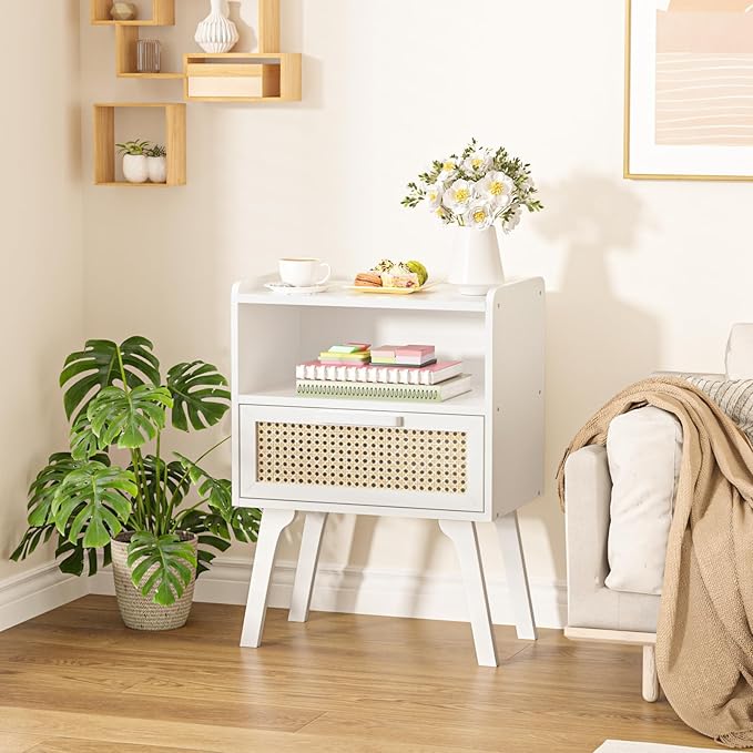 Lerliuo Rattan Nightstands Set of 2, Bedside Table with Drawer Open Shelf, Cane Accent Side End Table with Solid Wood Legs, White Mid Century Night Stand for Bedroom, Dorm and Small Spaces-Ruum Studio Home