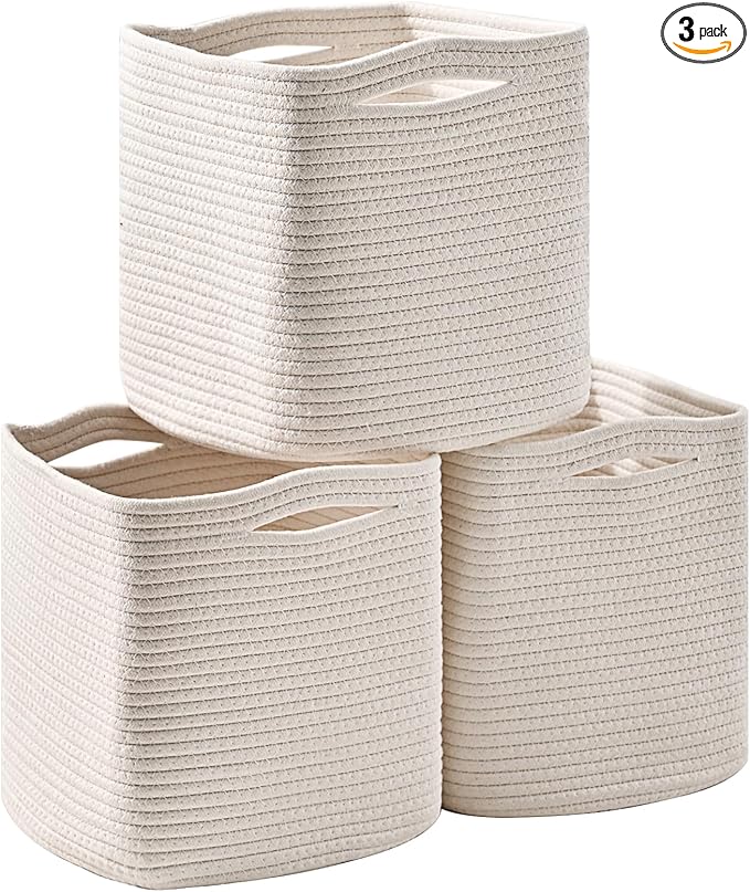 11 Inch Cube Storage Bins, Organizer Bins, Woven Cotton Rope Baskets for Storage, Storage Baskets for Organizing Shelves, White Basket for Toys, Off White (Pack of 3)-Ruum Studio Home