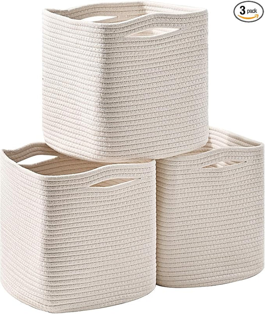 11 Inch Cube Storage Bins, Organizer Bins, Woven Cotton Rope Baskets for Storage, Storage Baskets for Organizing Shelves, White Basket for Toys, Off White (Pack of 3)-Ruum Studio Home
