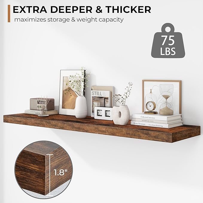 Fun Memories Floating Shelves - 12 Inch Rustic Wooden Wall Shelves - Extra Deeper & Thicker Wall Mounted Storage Shelf for Living Room, Kitchen, Farmhouse - 48" W x 12" D x 1.8" H - Brown-Ruum Studio Home