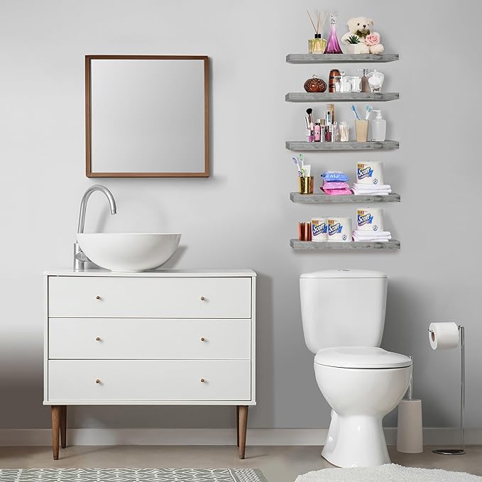 Sorbus Floating Shelves for Wall, Bathroom Shelves Wall Mounted for Kitchen, Bedroom, Living Room, Bathroom Storage, Over Toilet, Hanging Book Shelf for Ｗall Home Decor (Gray, 5 Pack)-Ruum Studio Home