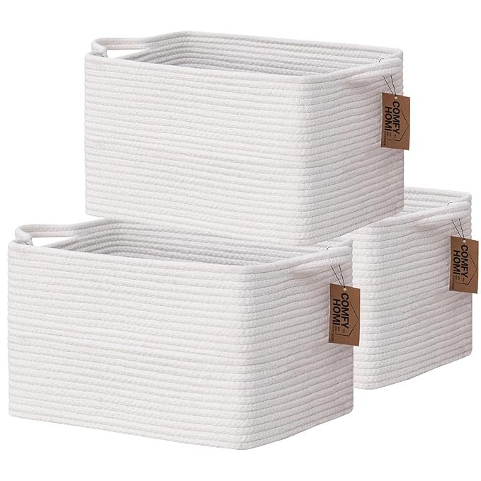 COMFY-HOMI 3PACK Cotton Rope Square Basket with Handles for Shelves|Dog Toy Basket Bin and Storage|Baby Basket for Gif|Shoe basket for Organizing|New13.5" x 11" x 9.5" for Living Room（All White）-Ruum Studio Home