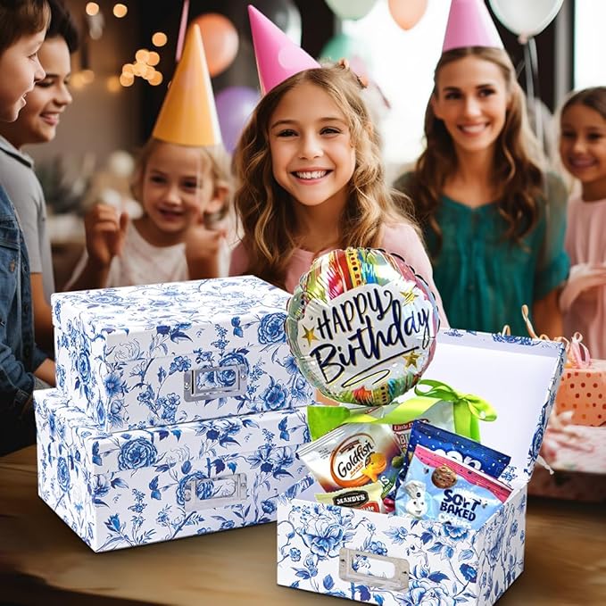 Briful Decorative Photo Storage Boxes with Lids, Set of 4 – Blue and White Porcelain Pattern, Nested Card Storage Box Organizer, Decorative Paperboard Box for Closet, Office, Gifts-Ruum Studio Home