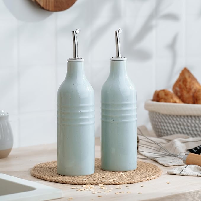 famiware Jupiter 16oz Ceramic Olive Oil Dispenser Bottle, Olive Oil and Vinegar Dispenser Bottle Set of 2 with Stainless Steel Pourers, Suitable for Storage Vinegar, Liquids, Light Blue-Ruum Studio Home