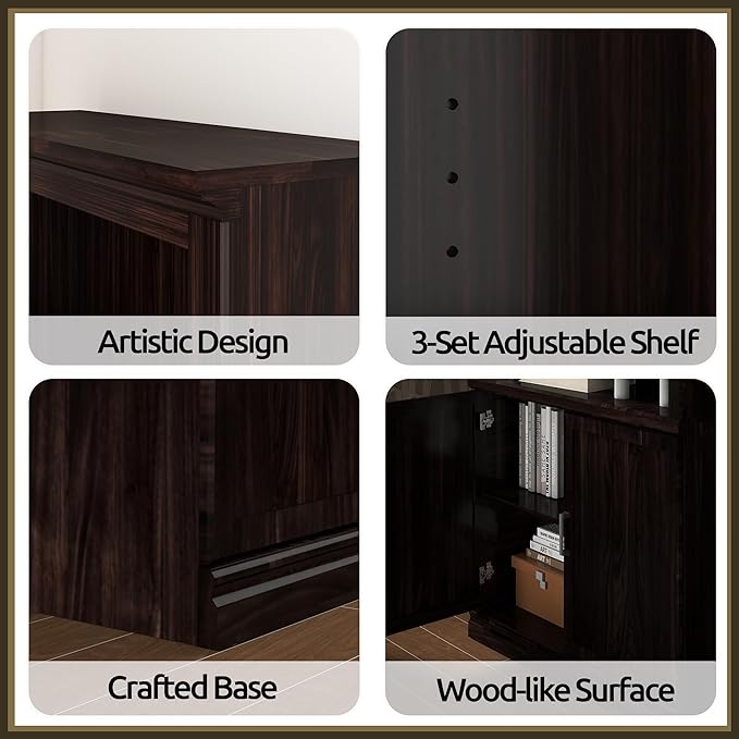 70 Inch Tall Bookcase with Doors, Library Office Bookshelf with Adjustable Shelves, Floor Standing Storage Cabinet for Bedroom Living Room Organizer with Anti Tipping Kit, Dark Cherry Finish-Ruum Studio Home