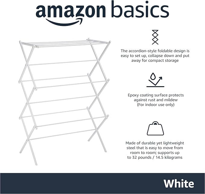 Amazon Basics Foldable Portable Laundry Rack for Air Drying Clothing, Indoor Outdoor Use - 14.5" D x 29.5" W x 41.8" H, White-Ruum Studio Home