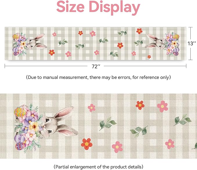 Easter Table Runner 13x72 Inch Bunny Rabbit Flowers Leaves Buffalo Plaid Eggs Seasonal Holiday Kitchen Dining Table Decoration for Indoor Kitchen Dining Home Party Decor-Ruum Studio Home