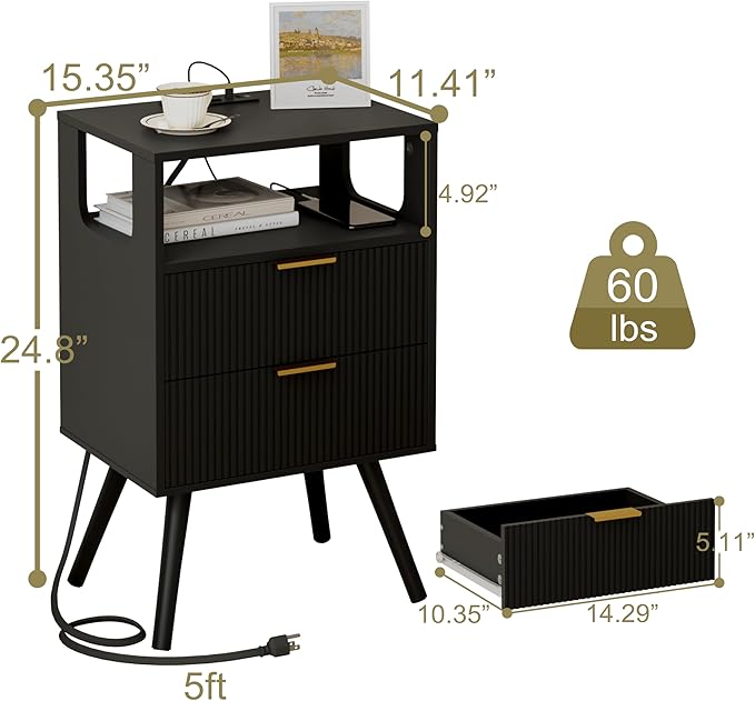 Black Nightstand with Charging Station and LED Lights,Modern Bedside Table with 2 Storage Drawer and Open Wood Shelf, for Bedroom and Small Spaces,Night Stand with Solid Wood Legs,Black-Ruum Studio Home