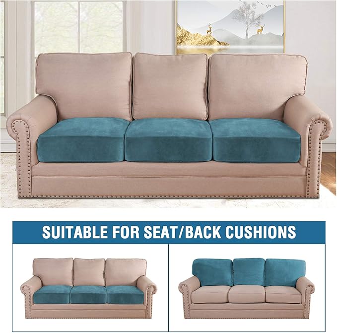 H.VERSAILTEX Velvet Stretch Couch Cushion Cover Plush Cushion Slipcover for Chair Loveseat Sofa Cushion Furniture Protector Seat Cushion Sofa Cover (3 Piece Sofa Cushion Covers, Peacock Blue)-Ruum Studio Home