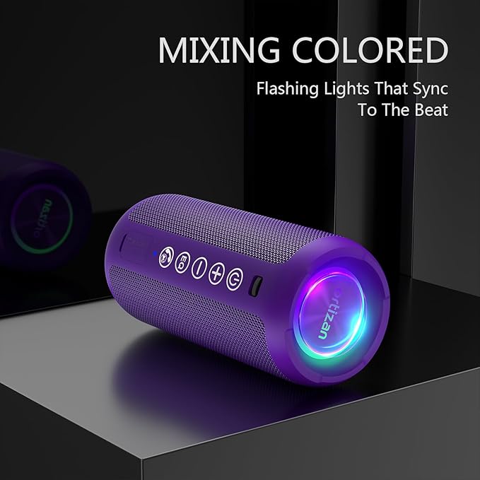 Ortizan Portable Bluetooth Speaker: IPX7 Waterproof, 24W Loud Sound, Deep Bass, Bluetooth 5.3, LED Lights, Wireless Stereo Pairing, 30H Playtime, for Home/Outdoor/Party/Beach, Birthday Gift (Purple)-Ruum Studio Home