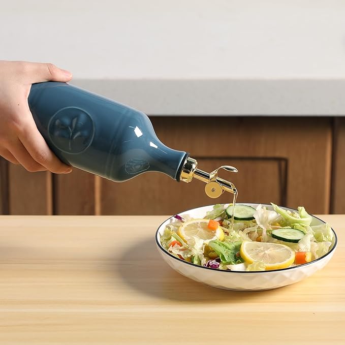 Sweejar 16 Oz Ceramic Olive Oil Dispenser Bottle, Oil Dispenser for Kitchen with Gravity Spout, Relief Opaque Oil Container for Evoo, Avocado Oil, Vinegar, Soy Sauce, 1 Pack(Fog Blue, Gold Spout)-Ruum Studio Home