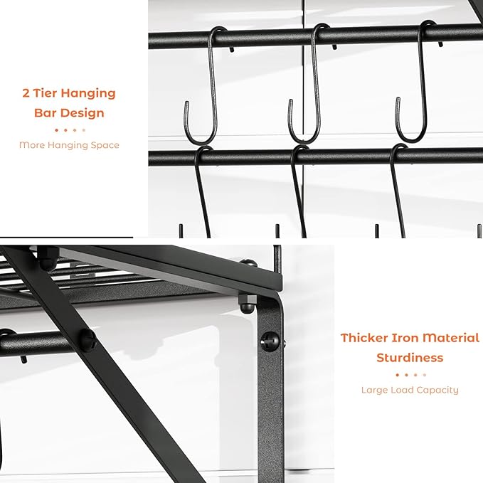 OROPY 31 Inch Wall Mounted Pot Rack Storage Shelf with 2 Tier Hanging Rails 14 S Hooks included, Ideal for Pans, Utensils, Cookware - Black-Ruum Studio Home