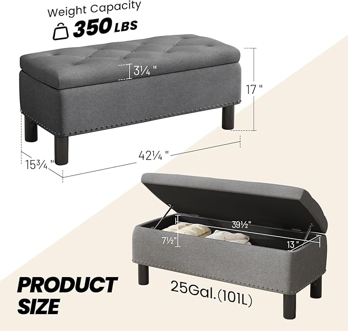 Furniliving Ottoman Bench with Storage, Folding Storage Ottoman Bench with Wood Legs, Upholstered Bedroom Bench with Button-Tufted, Entryway Bench Storage Bench for Bedroom, Linen (Darkgrey)-Ruum Studio Home
