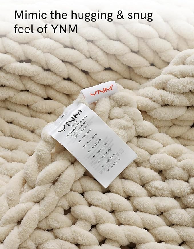 YnM Chunky Throw Blanket, Hand Knitted with Chenille Yarn, Skin Friendly, Ventilated and Breathable, Machine Washable, Home Décor Piece for Couch, Sofa and Bed (Butter Cream, 50x60 Inch)-Ruum Studio Home