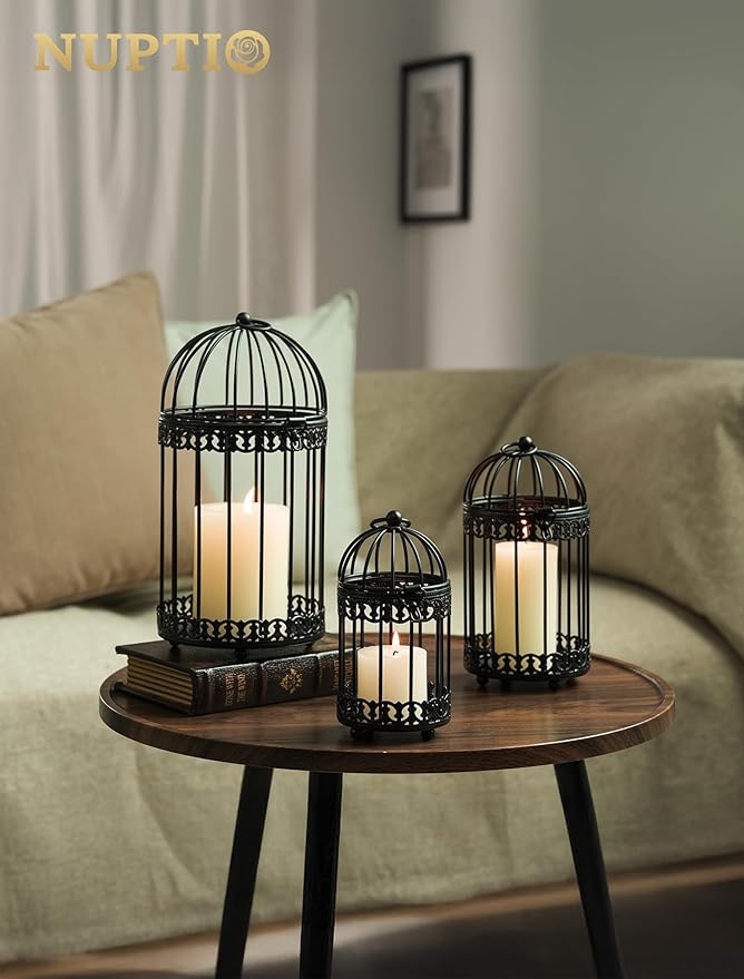 NUPTIO Vintage Bird Cage Lantern: Black Hanging Bird Cage Decor Candle Lanterns for Centerpiece - Large Birdcage Pillar Candles Holder for Halloween Christmas Bridal Shower 10 Inch H-Ruum Studio Home