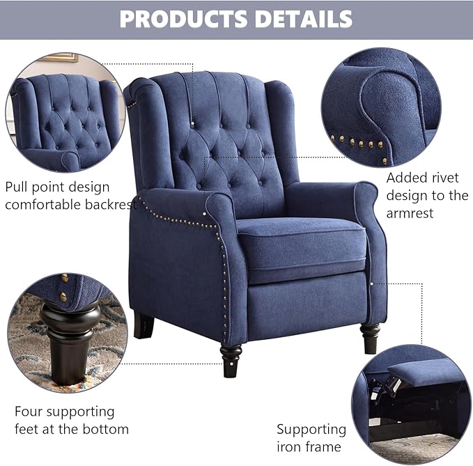 CANMOV Push Back Recliner Chair,Accent Chair, Mid Century Wingback Recliner, Fabric Push Back Recliner Chair Single Armchair Sofa with Rivet Decoration, Button-Tufted Back for Living Room,Dark Blue-Ruum Studio Home