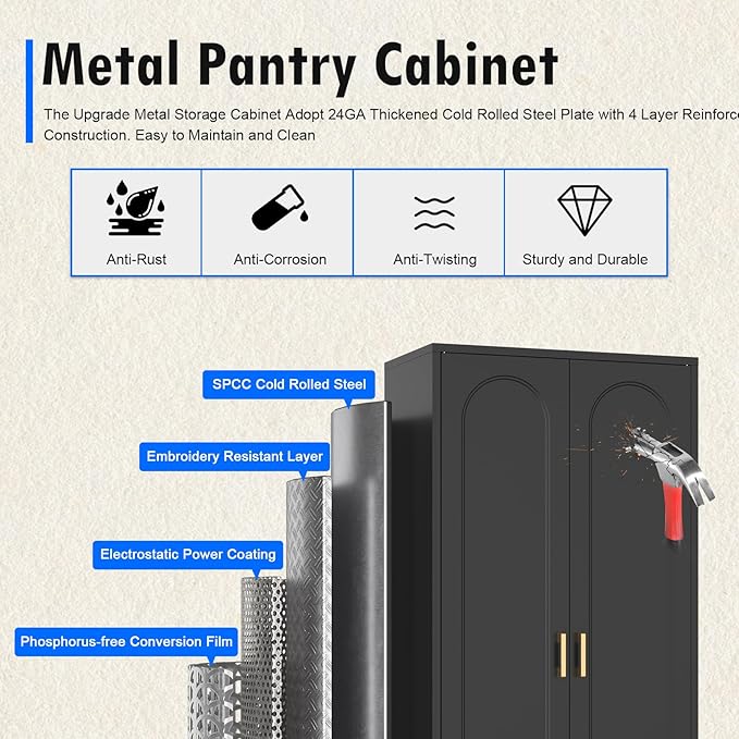 60" Tall Kitchen Pantry Cabinet, Metal Pantry Cabinet with Doors and Adjustable Shelves, Black Utility Storage Cabinet with Handles for Dining Room, Bathroom, Laundry Room - Assemble Required-Ruum Studio Home