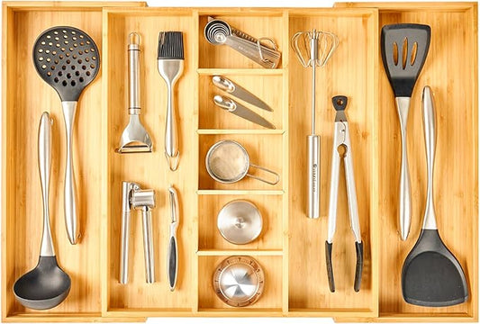 Umilife Extra Large Expandable Kitchen Drawer Organizer for Utensil and Junk, 19" Deep for Big Drawer, 17" to 28" Adjustable Bamboo Wood Drawer Divider, Cutlery Tray, Flatware Holder-Ruum Studio Home