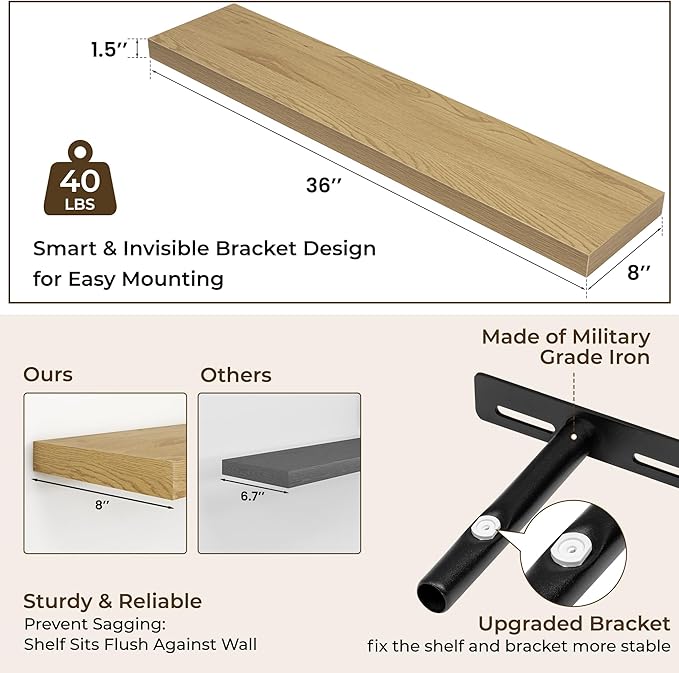 RICHFOCUS 36Inch Floating Shelves for Wall 2 Pack Shelves for Bedroom|Kitchen|Bathroom Wall Mounted Rustic Wood Floating Shelf with Invisible Brackets for Books|Storage|Decor, Oak-Ruum Studio Home