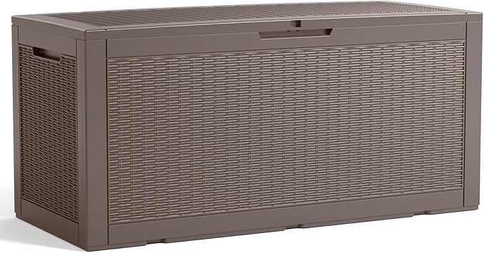 100 Gallon Resin Deck Box, Lockable Patio Outdoor Storage Box for Furniture, Garden Tools and Tools Storage, Waterproof Outside Storage Boxes - Grey-Ruum Studio Home