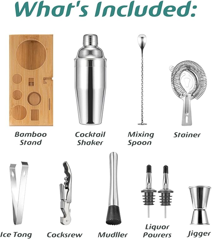 Cocktail Shaker Set, Mixology Bartender Kit 10-Piece Bar Tool Set with Stylish Bamboo Stand, Bar kit: Matini Shaker Mixing Spoon Muddler Jigger Cocksrew for Barware Set-Ruum Studio Home