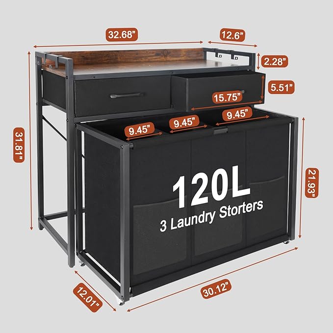 Rolling Laundry Sorter with wheels, Laundry Hamper 3 Section with shelf - 3 × 10.5 Gal (120L) Capacity, Laundry Basket with Drawers for Clothes-1 Storage Shelf, Laundry Organizer for Laundry Room-Ruum Studio Home