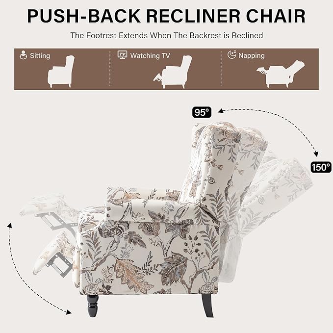 UIXE Pushback Recliner Chair, Fabric Upholstered Armchair Push Back Accent Chair for Living Room, Rivet Trim Home Theater Single Sofa Bedroom Reading Seat with Footrest - Beige Plants-Ruum Studio Home