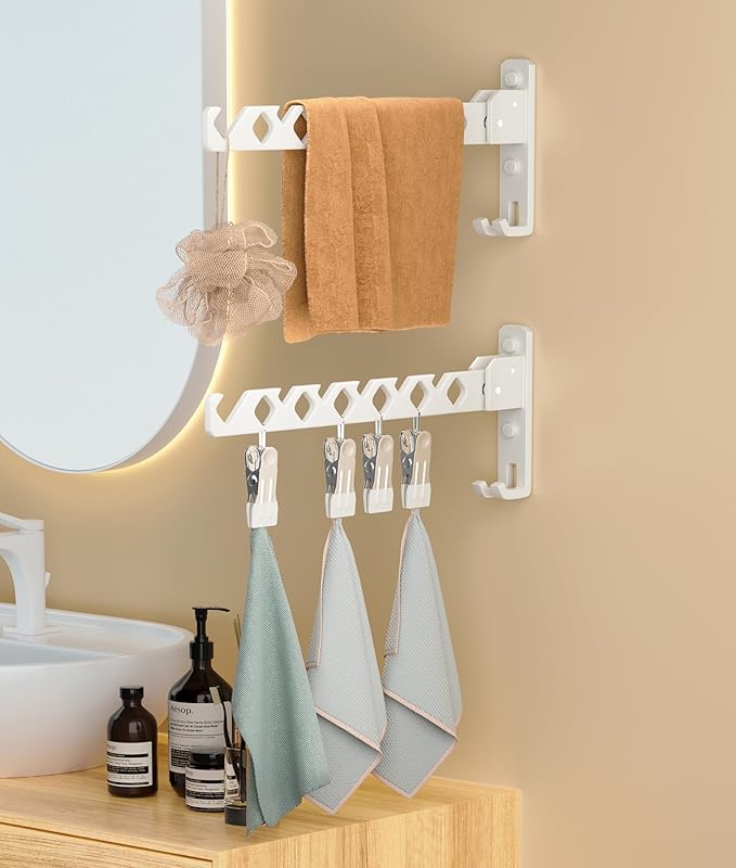Wall Mount Coat Hanger Holder White Clothes Drying Organizer Rack Garment Hooks Aluminium Retractable Folding Indoor Wall Mounted Hanger Space Saver for Laundry Room Bedroom White 2 Pack with 8 Hooks-Ruum Studio Home