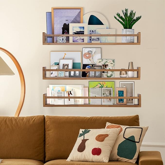 AZSKY Light Walnut Nursery Book Shelves 36 in Floating Wall Mounted Bookshelf Kids Room Hanging Shelves Toddlers Toys Books Storage Organizer a Set of 3-Ruum Studio Home