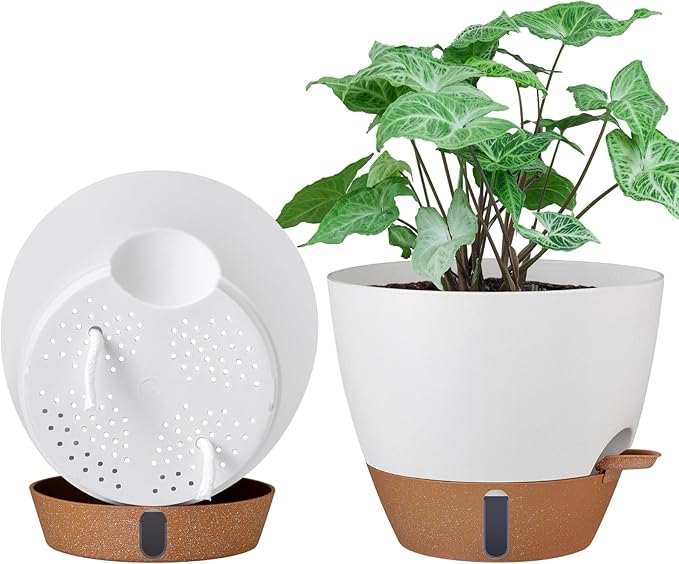montresor 2 Pack 10 inch Plant Pots, PP Plastic Self Watering Plant Pot with Drainage and Tray for Indoor Outdoor Plants, Water Level Window & Reservoir Flower Pots Decorative Planter (White)-Ruum Studio Home