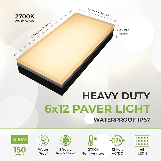LUMENGY Paver Light 6X12 Inch (5.9 X 11.81 inch), Warm White 2700K Glare-Free Illumination for Driveways, Pathways, Pool Deck & Patios,12V AC/DC, Waterproof & Drive-Over Rated-Ruum Studio Home