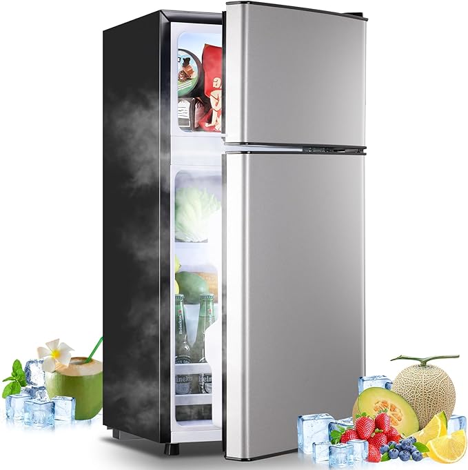 2.4 Cu.ft Mini Fridge Small Refrigerator with Freezer Dual Door Dorm Fridge for Personal Senven Temp Gear Suit for Apartment, Bedroom, Rv Silver-Ruum Studio Home