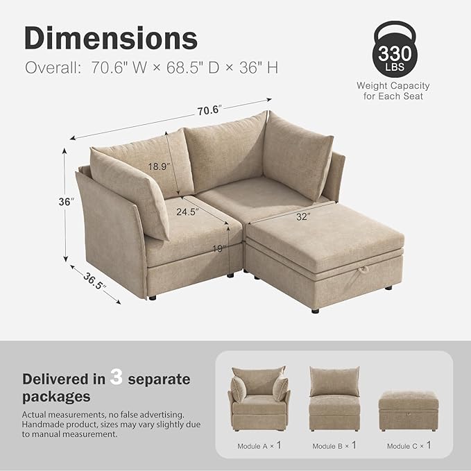 Luxury Modular Sectional Sofa, L-Shaped 3-Seat Couch with Storage Ottoman Deep Seat & Reversible Chaise Lounge Chenille Beige for Compact Spaces, Apartments, Dorm-Ruum Studio Home