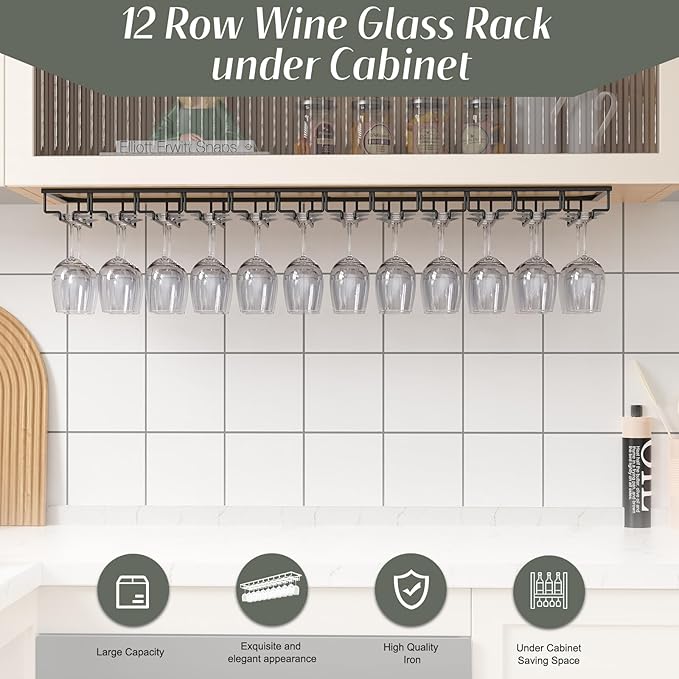 Xverycan Wine Glass Rack Under Cabinet, 12 Row Extreme Large Stemware Hanger, Metal Wine Goblet Holder, DIY Bar Glass Storage Rack for Bar Counter, Kitchen, Screws Included-Ruum Studio Home