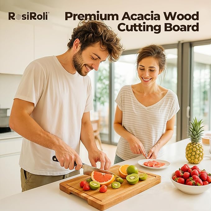 Acacia Wood Cutting Board for Kitchen - 0.8 inch Thick Wood Charcuterie Cheese Board with Side Handles and Juice Grooves, Wooden Chopping Block for Meat and Veggies, 11.5x7 inch-Ruum Studio Home