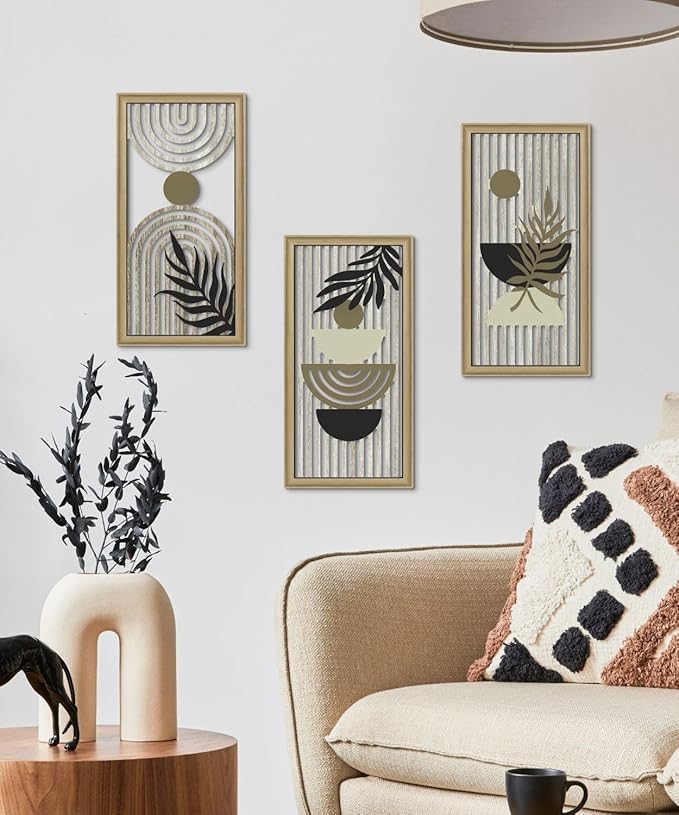 Putuo Decor Boho Abstract Wall Art, Set of 3, Modern Geometric Botanical Wooden Wall Decor, Mid-Century Minimalist Framed Artwork, Neutral Toned Aesthetic Prints, for Living Room, Bedroom, Office-Ruum Studio Home