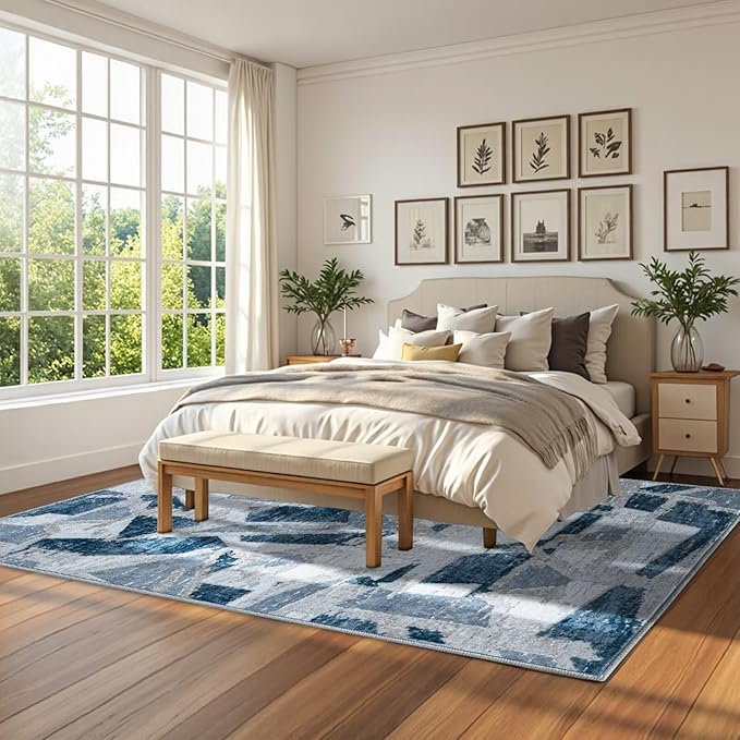 Modern Abstract Blue 8X10 Area Rug for Living Room Bedroom Washable, with Non-Slip Rubber Backing Print Faux Wool Thin, Throw Large Carpet for Kids Playroom Dining Room Pet & Child Friendly-Ruum Studio Home