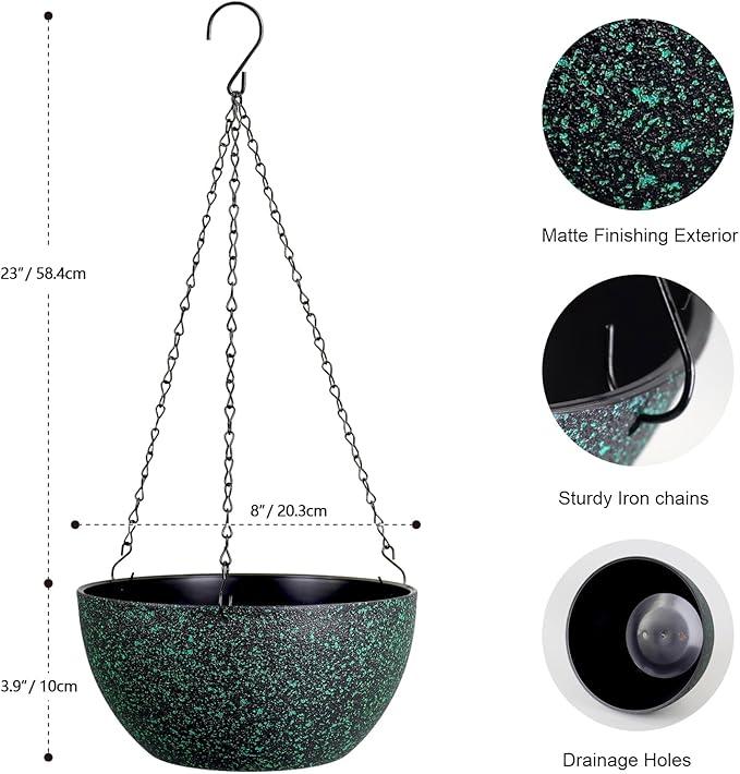 8 inch Small Hanging Planters for Indoor Outdoor Plants, 2 Pack Hanging Flower Pots with Drainage Holes and Chain, Plastic Hanging Baskets for House Plants, Black with Green Speckles-Ruum Studio Home