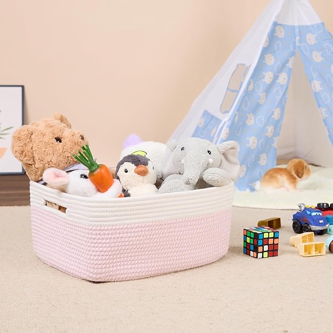 Large Storage Baskets for Shelves, Closet Organizers Bins for Clothes Blanket Towels, Baby Nursery, Toy Baskets Box, Woven Rope Baskets, 17 x 13 x 7.5”, 2 Packs Woven Pink-Ruum Studio Home