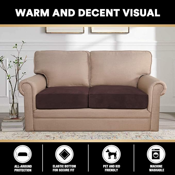 PrinceDeco Velvet Couch Cushion Cover Soft Stretch Cushion Slipcover for Chair Loveseat Sofa Cushion Furniture Protector Seat Cushion Sofa Cover (2 Piece Large Sofa Cushion Covers, Brown)-Ruum Studio Home