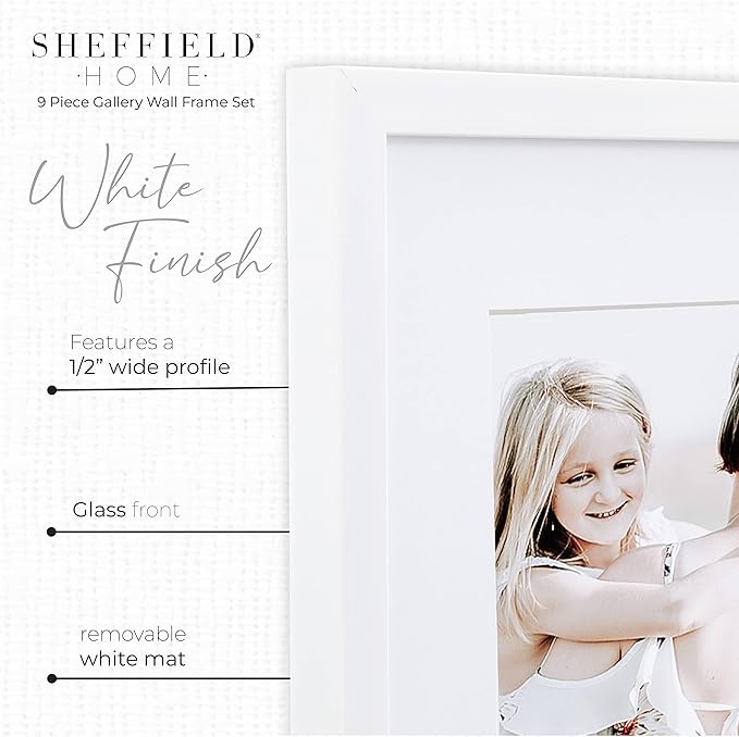 Sheffield Home 9 Piece Gallery Wall Frame Set, 12x12 Inch, White-Ruum Studio Home