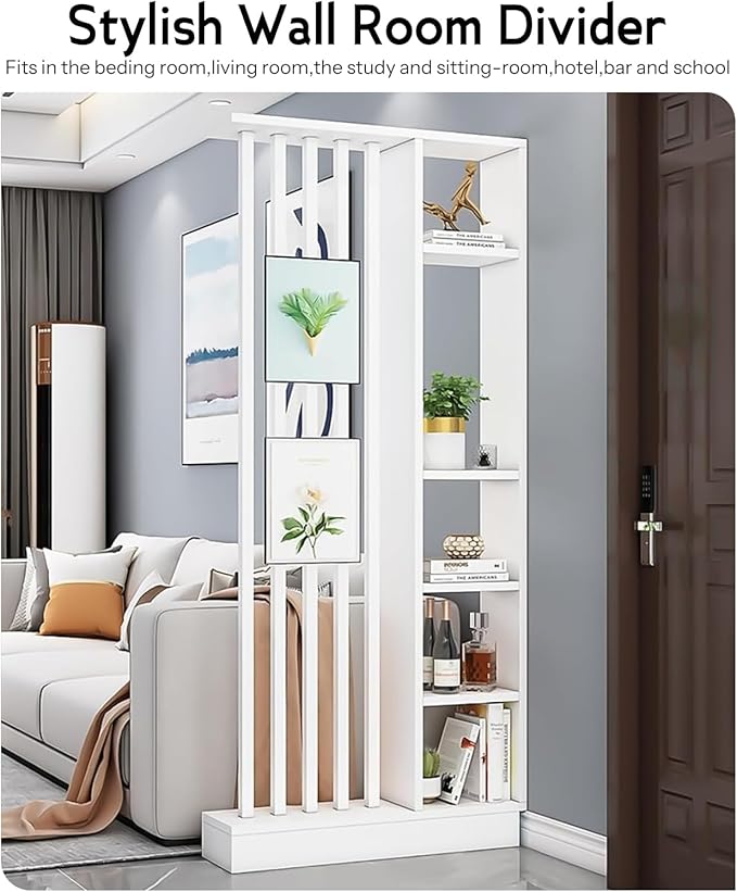 Wall Room Divider, Storage Cabinet Storage Display with Shelves, Modern Freestanding Wood Room Divider Screen, Wall Privacy Screens for Home Decorative (White,35.4" L x 9.5" W x 79.5" H)-Ruum Studio Home