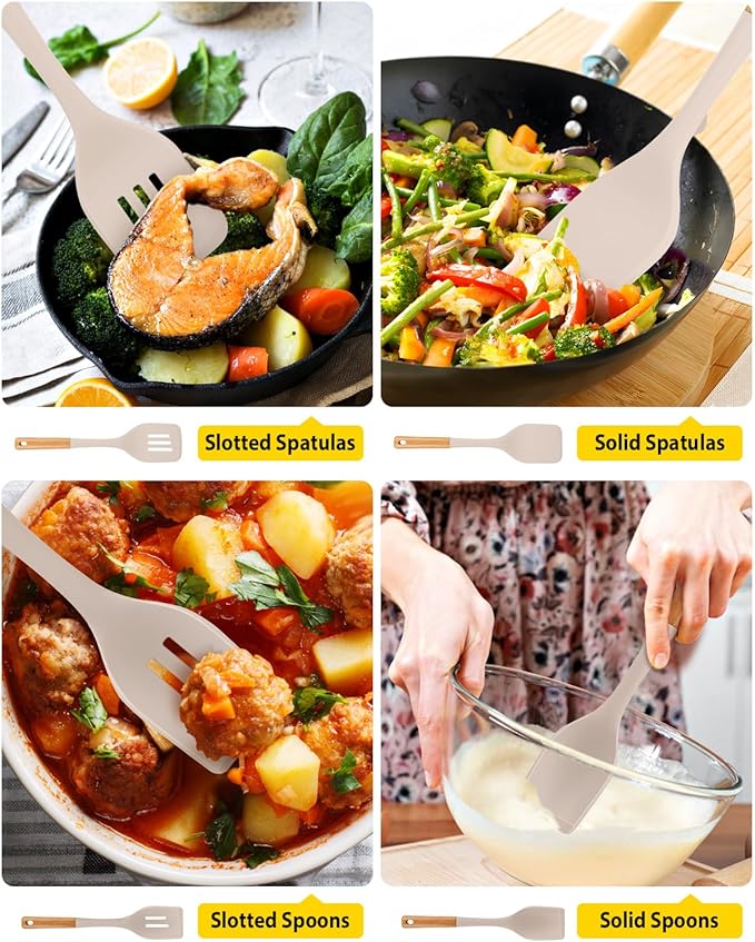 Pack of 4 Silicone Kitchen Utensils Set, Non Stick Solid Spatulas and Heat Resistant Slotted Spoons with Wooden Handle, Ideal BPA Free Cooking Utensils for Mixing,Serving,Turning,Stirring(KHAKI)-Ruum Studio Home