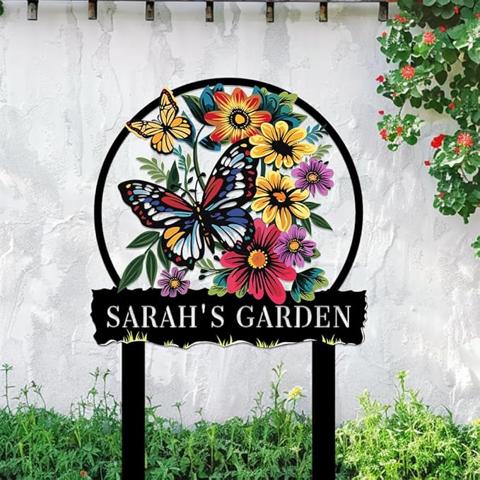 Personalized Butterfly Metal Sign with Stake,Custom Gardener Family Name Signs Outdoor Decorate,Customized Garden Accessories Decor for Mother's Day,Sunflowers Plaques for Patio Lawn Porch Backyard-Ruum Studio Home