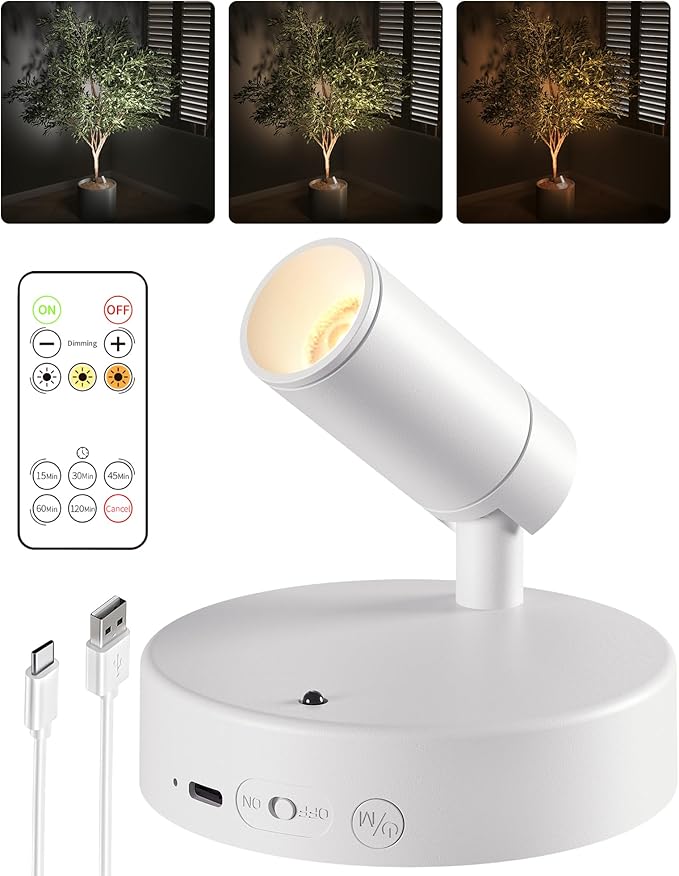 EZVALO Battery Powered LED Spotlight Indoor, Wireless Picture Lights with Remote,5500mAh Rechargeable Mini Display Light, Uplighting Indoor for Artwork Tree Painting Portrait (white-1Pack)-Ruum Studio Home