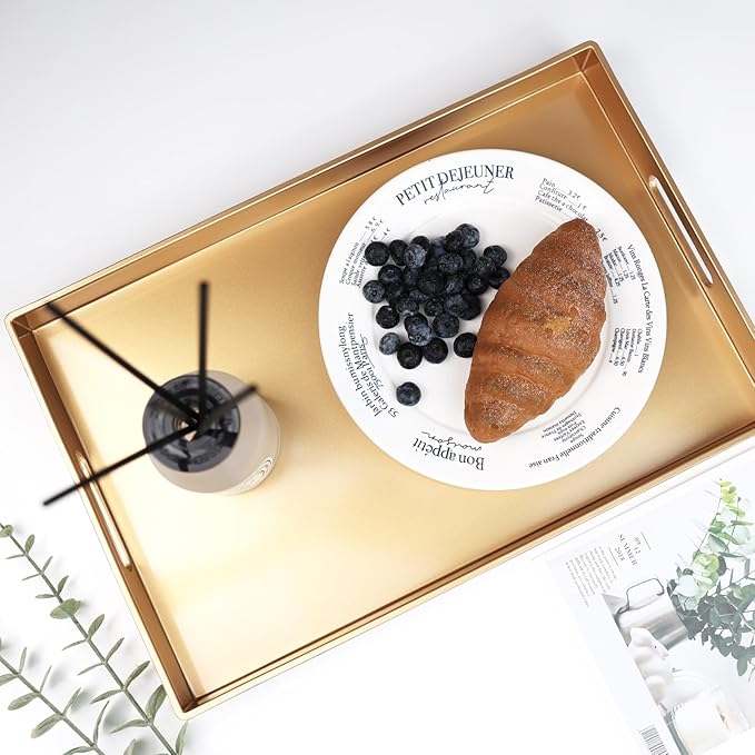 Spsyrine Gold Decorative Serving Tray with Handles, Elegant Plastic Coffee Table Tray for Ottoman, Living Room, Home Decor 15.6" X 10.2"-Ruum Studio Home