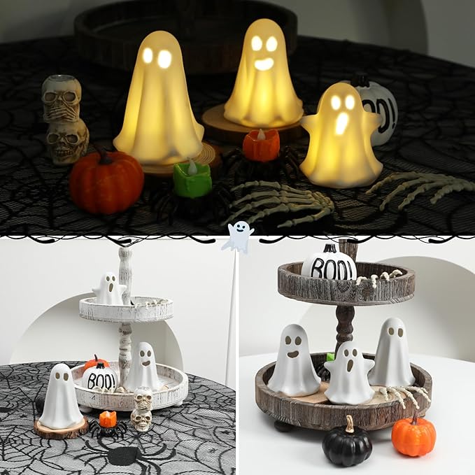 3 Pack Halloween Ceramic Ghost Decor, Light Up Ghost Halloween Decor, Cute Ghost Figurines for Table Tray Fireplace Home Indoor Decoration-Ruum Studio Home